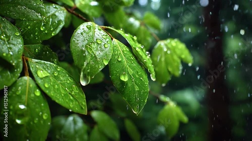 Close-up of green leaves with raindrops, water droplets glistening on the surface, soft unfocused background. Generated by AI