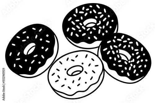 Four donuts with sprinkles in black and white style  vector, silhouette, illustration, horizontal, isolated assets, on transparent background