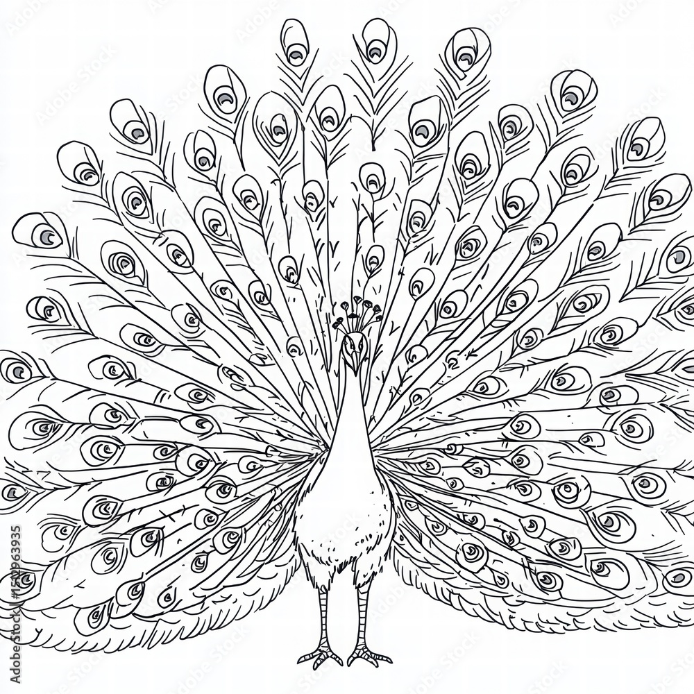 Obraz premium Black and White Line Art of a Beautiful Peacock with Feather Display