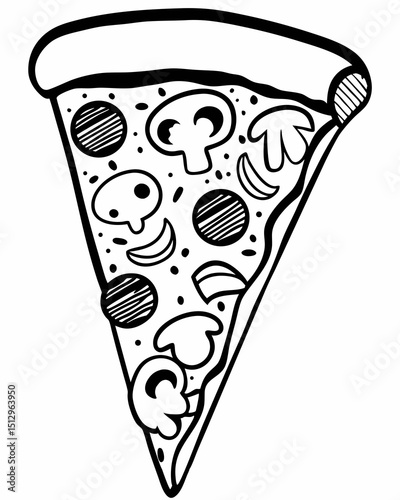 Delicious Pizza Slice Illustration Line Art Drawing of Pepperoni and Mushroom Pizza