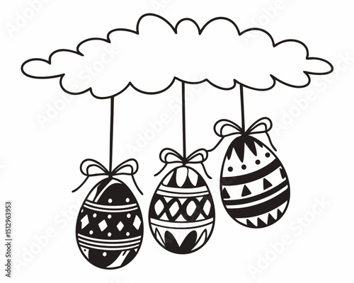 Decorative Easter Eggs Hanging from a Cloud  A Charming Black and White Illustration