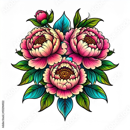 Floral tattoo design of peonies  colorful intricate art illustration
