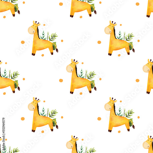 Cute Watercolor Giraffe Seamless Pattern with Jungle Leaves, Playful watercolor pattern featuring a smiling giraffe surrounded by jungle leaves and orange polka dots. Ideal for children's designs