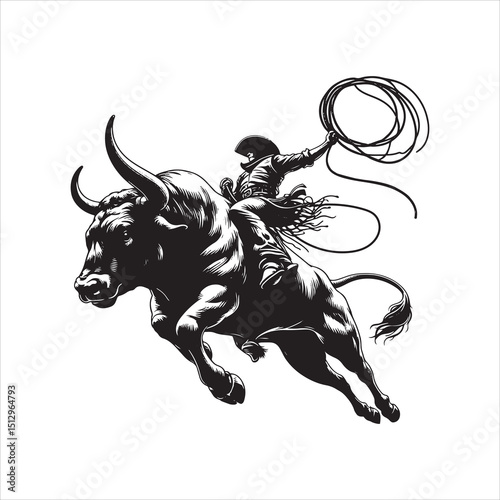 Bull Rodeo Showdown – Cowboy Riding a Bucking Bull in Action

