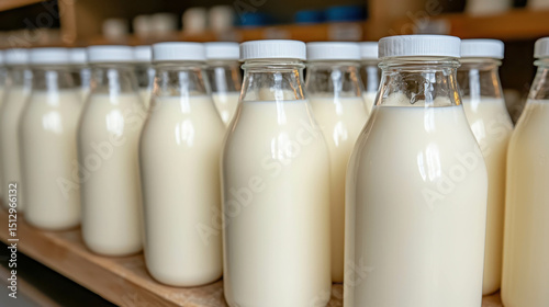Fresh Milk Bottles on Wooden Shelf in Natural Light Showcasing Dairy Products and Sustainable Farming Practices in a Cozy Country Setting