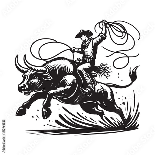 Bull Rodeo Showdown – Cowboy Riding a Bucking Bull in Action

