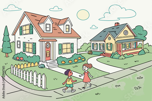 Whimsical Homes: Cartoon Suburban Set for Property Concepts