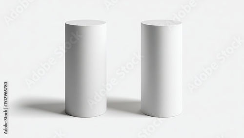 Two blank, cylindrical, white pedestals on white background