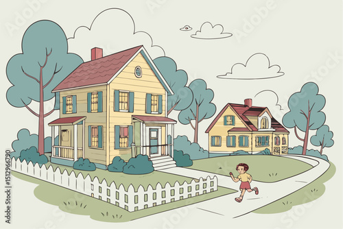Whimsical Homes: Cartoon Suburban Set for Property Concepts