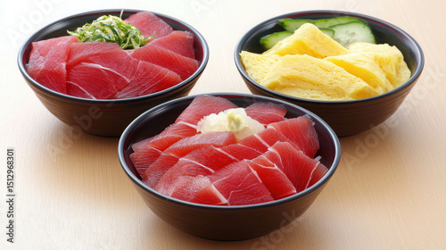 Freshly Prepared Sashimi Bowls Featuring Tuna, Tamagoyaki, and Cucumber, Perfect for Japanese Cuisine Lovers and Food Photography