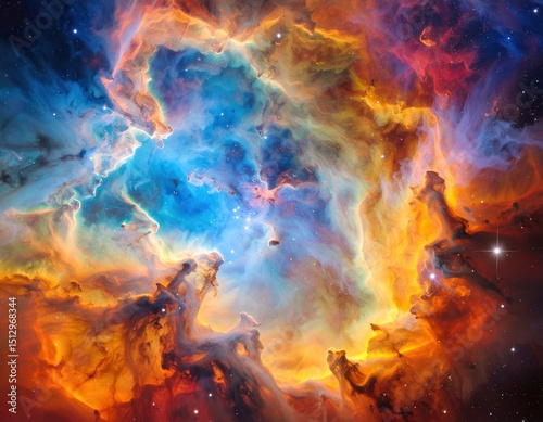 Vibrant cosmic nebula, swirling with hues of blue, orange, and red, dotted with distant stars.  Vast expanse of space photo