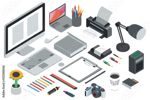 Flat 3D isometric design showing tech workspace with icons of printer, phone, tablet, camera, desktop, laptop, and peripherals.