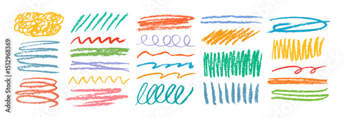 Colorful crayon underline in childish style isolated on white background. Set of hand drawn scribble different forms. Rough crayon color strokes.