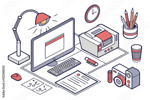A modern flat 3D isometric infographic of a tech workspace with tablet, phone, laptop, desktop, camera, and printer icons.