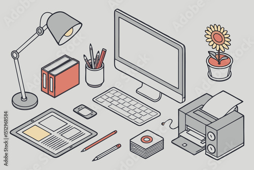 Flat 3D isometric technology icon set includes laptop, tablet, smartphone, camera, printer, desktop computer, and peripheral workspace devices.