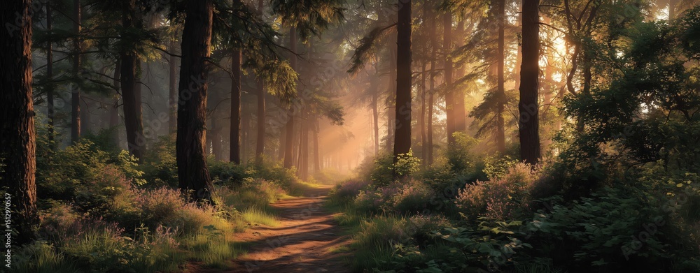 Naklejka premium Serene forest path illuminated by soft sunlight. Radiant energy passage.