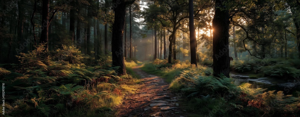 Fototapeta premium Serene forest path illuminated by soft sunlight. Radiant energy passage.