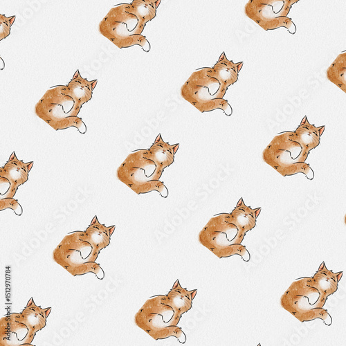 Seamless pattern of relaxed orange cats in a watercolor style.eps