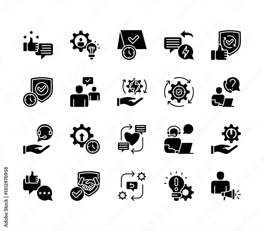 Fototapeta premium Enhanced customer support icon collection set. Containing assistance, helpdesk, service, satisfaction, resolution, feedback, response icon. Simple flat vector illustration.