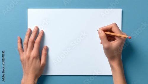Two hands hold a pencil over a blank sheet of white paper on a light blue surface