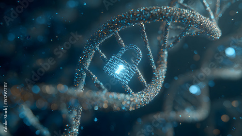 Secure DNA Helix with Digital Lock and Glowing Particles - Biotechnology Concept