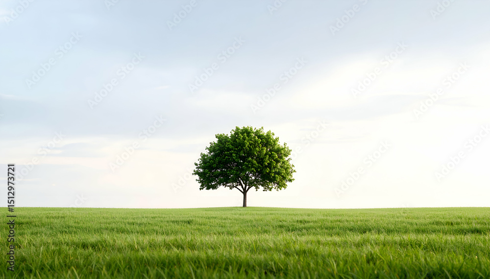 Obraz premium Lone tree standing tall on an open grassy plain beneath a soft, pale sky.
