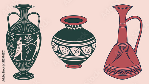 Dark green antique ceramic vase. empty decorative ceramic pot isolated on dark pink background. red modern porcelain vase for room interior. vintage handmade glaze pottery flowerpot for decoration.
