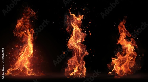 Three vertical flames against a black background, exhibiting varying heights and intensities of orange and red hues, with incandescent embers visible