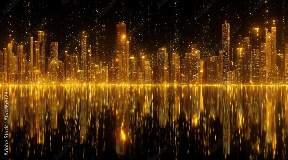 Naklejka premium Golden cityscape reflected in still water, glittering particles in night sky