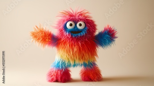 A playful fuzzy monster with rainbow colors and a minimalist pose