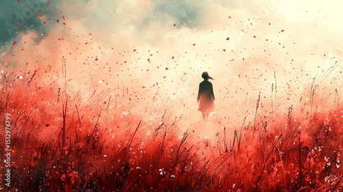 Solitude in the Crimson Field: An Impressionistic Journey of Self-Discovery Amidst Nature's Embrace