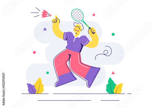Vector Illustration of a Badminton Player Featuring a Shuttlecock and Racket on the Court, Competing in the Sport as a Leisure Activity Background