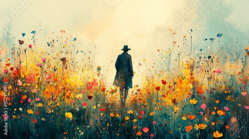 Solitude Among Wildflowers: A Serene Journey into Nature's Embrace, Exploring Personal Reflection and the Beauty of the Natural World in an Impressionistic Style