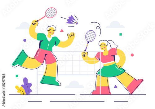 Vector Illustration of a Badminton Player Featuring a Shuttlecock and Racket on the Court, Competing in the Sport as a Leisure Activity Background
