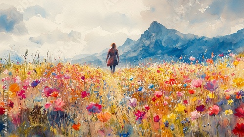 Impressionistic Watercolor Depiction of a Woman Walking Through a Vibrant Meadow Toward Distant Mountains under a Cloudy Sky