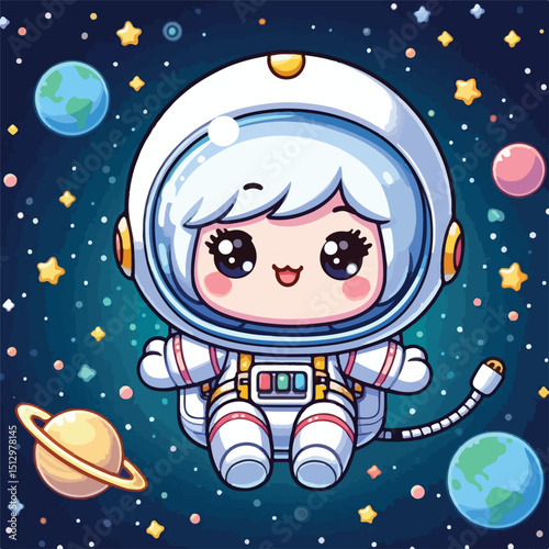 cute white cartoon astronaut flying in zero gravity space