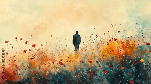 Serene Journey Through a Floral Watercolor Meadow, A Silhouette Gazing into the Horizon of a Watercolor Landscape, Quietude and Exploration