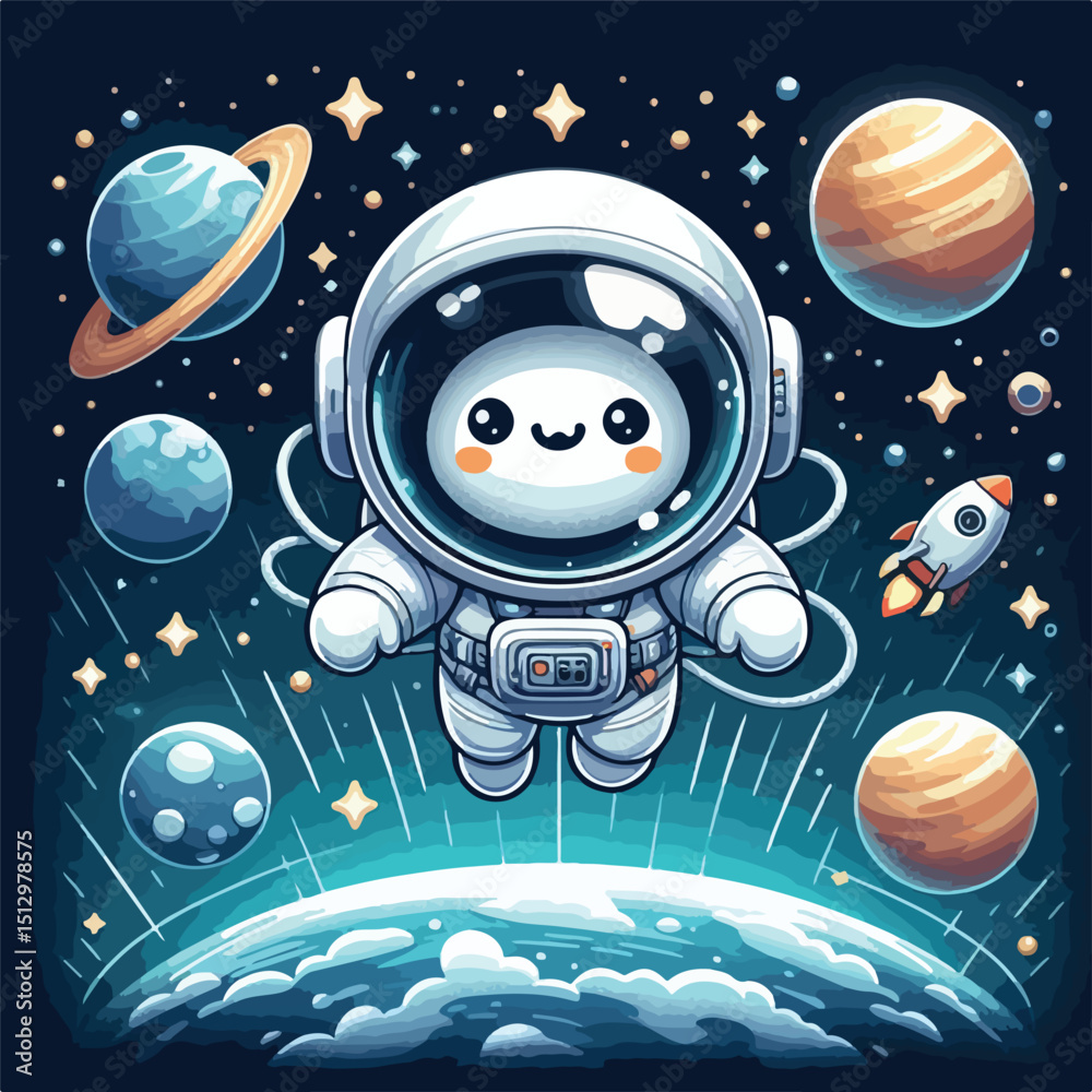 Naklejka premium cute white cartoon astronaut flying in zero gravity space