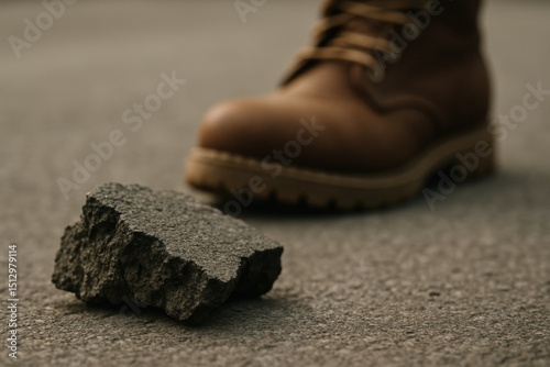 Close up of rugged boot standing near chunk of asphalt on pavement