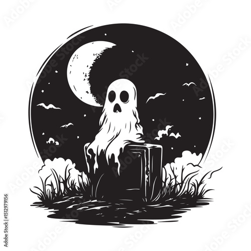 Lonely Cute Ghost Sitting Quietly on a Tombstone Under the Bright Full Moonlight