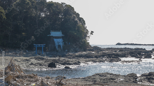 japanese blue shrine near seaside
