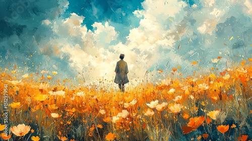 A Serene Journey: Person Walking Through a Vibrant Meadow Under a Cloudy Sky, Expressive Brushstrokes and Dreamlike Atmosphere