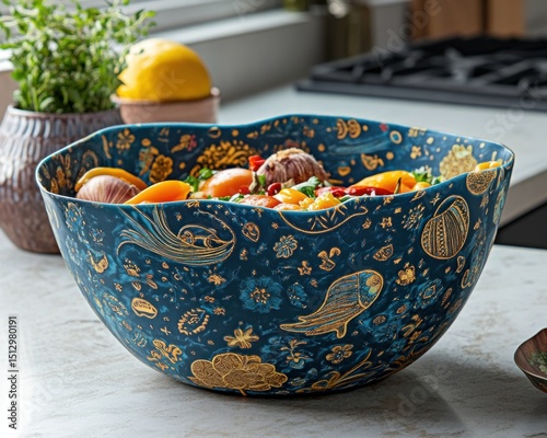 Decorative bowl filled with colorful food