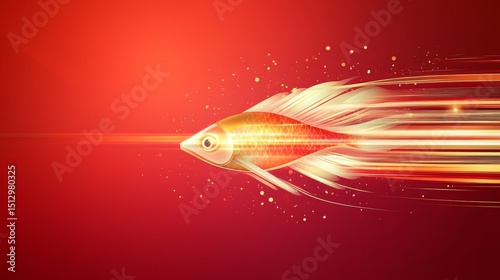 Golden fish trail streaks of luminous energy against a crimson backdrop embodying speed and determination, a digital rendering of modern mythical aquatic creature