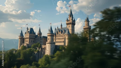 Wallpaper Mural Majestic Castle Towers and Turrets Partially Obscured by Trees Against a Cloudy Sky Torontodigital.ca