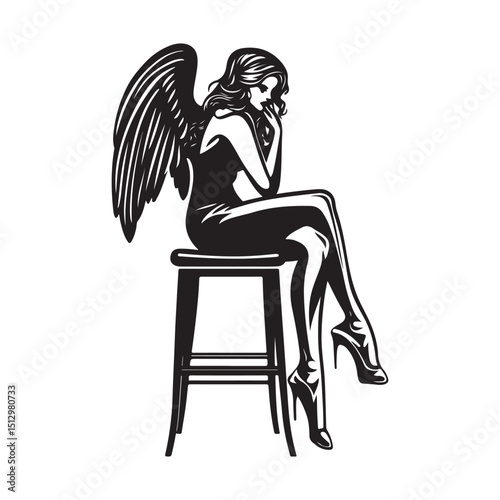 Black and white Angel Girl Sitting on the Bar Chair Image Vector Isolated on white Background.