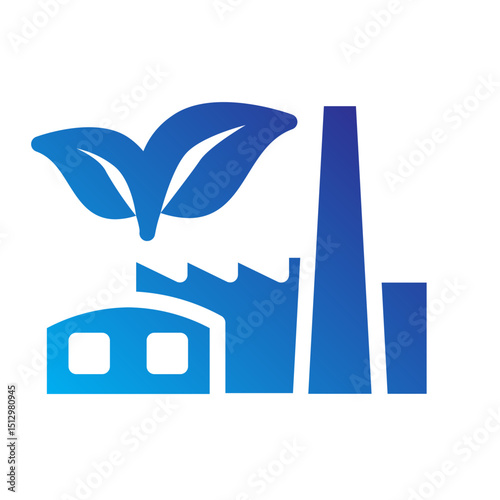 Factory with leaf, representing eco-friendly industrial processes.
