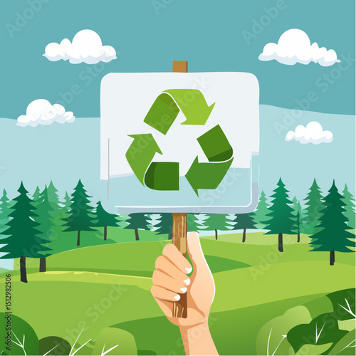Nature-themed recycling signs held by hands in outdoor scenes.