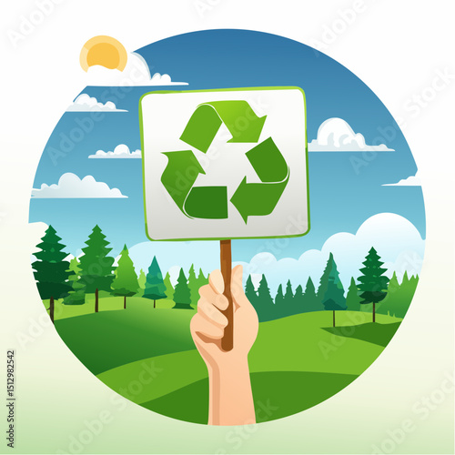 Nature-themed recycling signs held by hands in outdoor scenes.