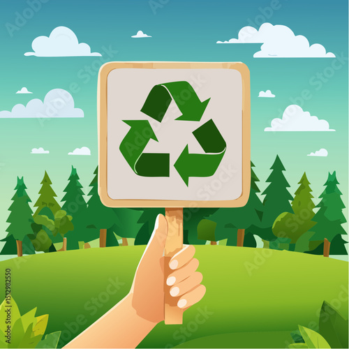 Nature-themed recycling signs held by hands in outdoor scenes.